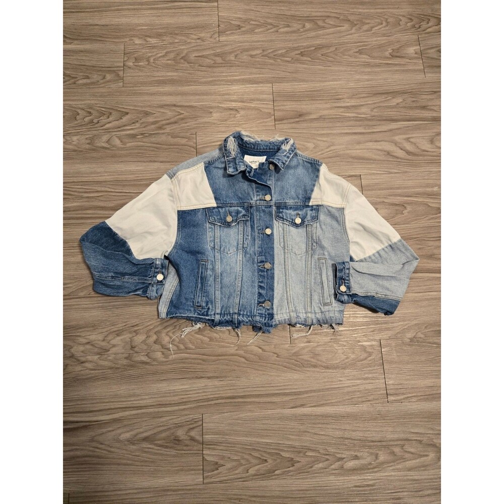 Vervet Los Angeles Women's M Oversized Crop Colorblock Denim Jacket Frayed Hem - Picture 2 of 6